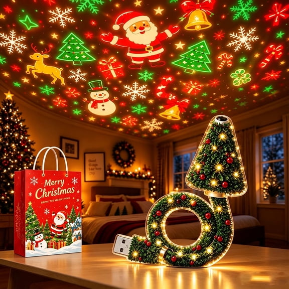 Christmas Tree Projection Night Light, Christmas Ceiling Projector, USB Powered Hd Christmas Scene Projector, Plug-In Flexible Tree Lamp, 6 Magical Light Effects for Instant Holiday Magic