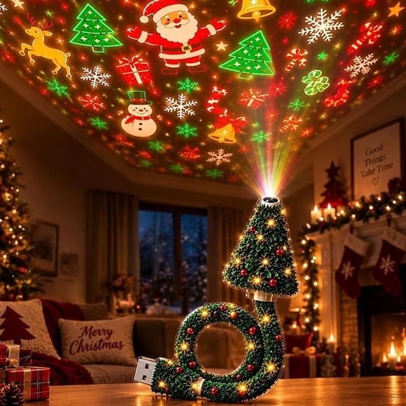 Christmas Tree Projection Night Light, USB Powered HD Christmas Ceiling Scene Projector, Flexible Tree Lamp with 6 Magical Light Effects, Holiday Bedroom Decor