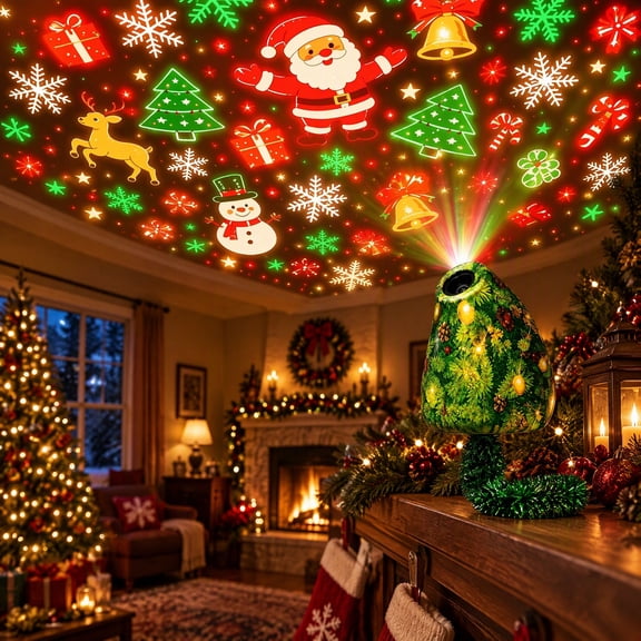 Christmas Tree Projector Night Light with 6 Holiday Slides, USB Powered Tabletop Projection Lamp with Festive Santa and Snowflake Images for Indoor Walls and Ceilings