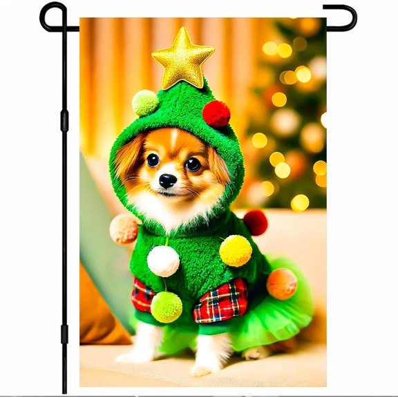 Christmas Tree Puppy Garden Flag 12x18 Inch Welcome Holiday Dog Outdoor Flag Double Sided Yard Banner with Star Hood Pom-Poms and Green Skirt for Porch Lawn Winter Patio