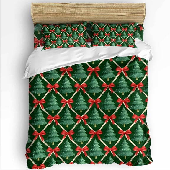 Christmas Tree Queen Size Comforter Set, Red Butterflies Winter Retro Green Texture Soft Bedding for All Seasons, 4 Pcs Bed Set with 1Comforter (90"x92") ,1 Sheet(94"x116"), 2 Pillowcases (19"x29")