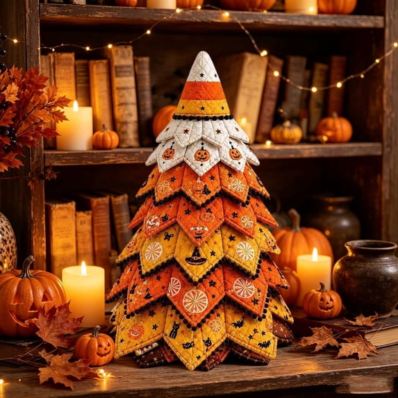 Christmas Tree Quilt Kit 7.9" Halloween Patchwork Sewing Set with Pumpkin & Cat Motifs for Adult Beginner Gifts for Quilting Lovers