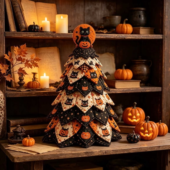 Christmas Tree Quilt Kit 7.9" Halloween Patchwork Sewing Set with Pumpkin & Cat Motifs for Adult Beginner Gifts for Quilting Lovers