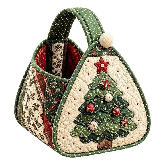 Christmas Tree Quilted Fabric Tote Bag Reusable Holiday Gift Storage Basket