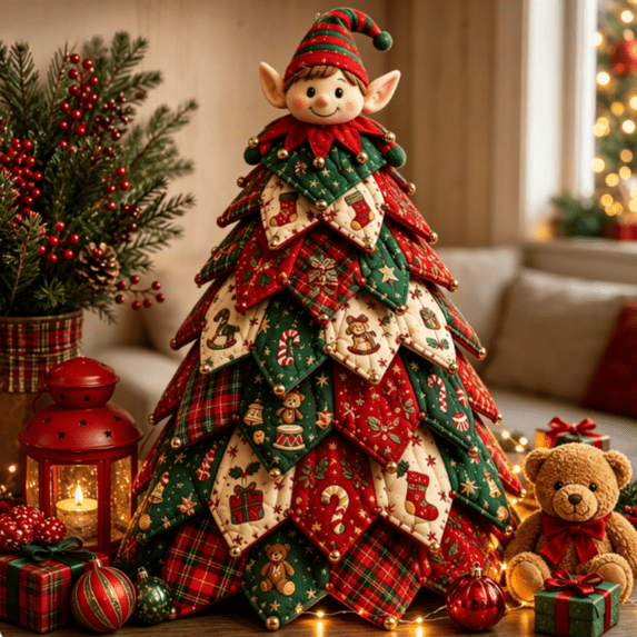 Christmas Tree Quilted Kit, DIY Sewing Craft 3D Fabric Tabletop Christmas Tree Decoration, Beginner-Friendly Quilting Project,B