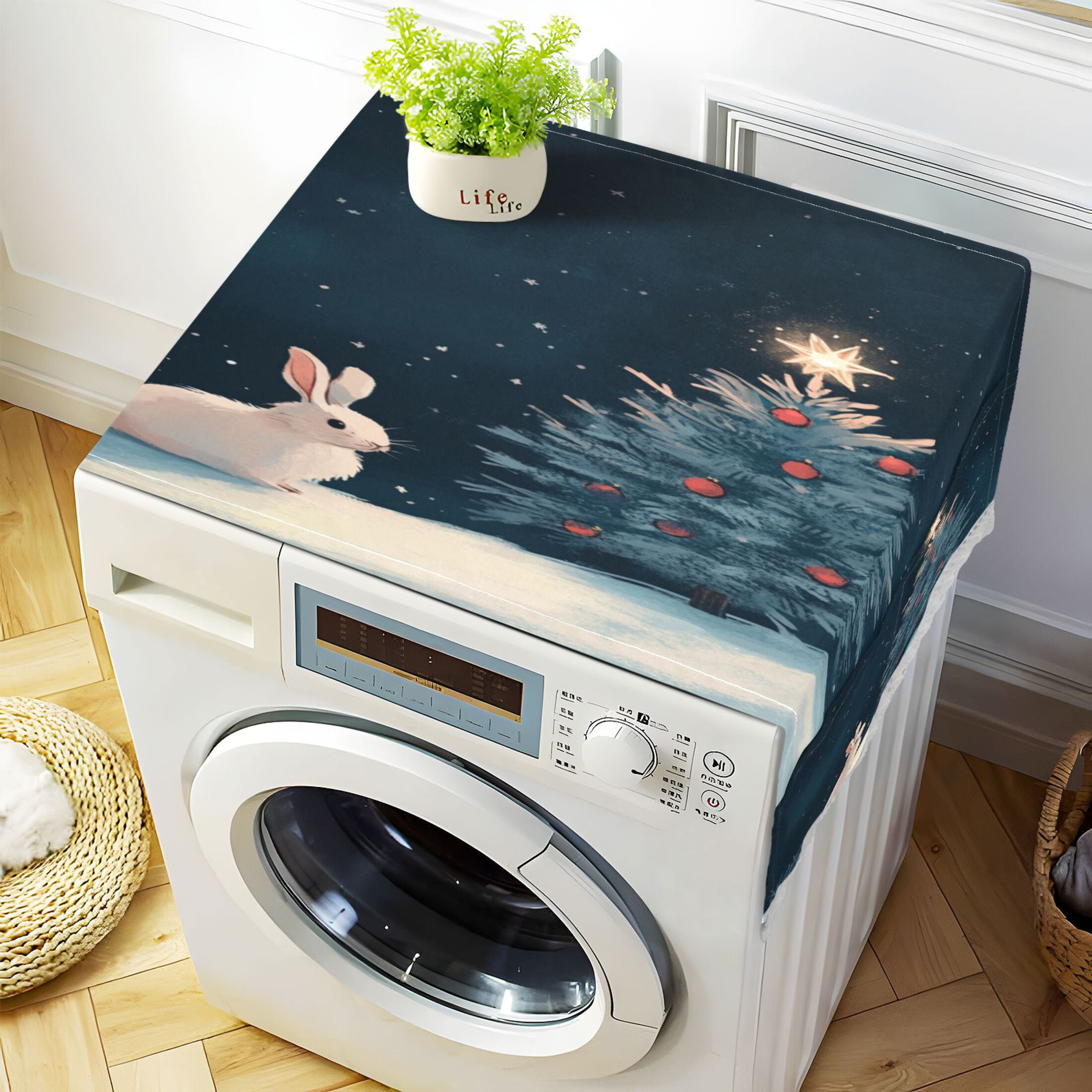 Christmas Tree and A RabbitWasher and Dryer Covers Dust-Proof and Oil Resistant Fridge Cover with 4 Storage Pockets Washing Machine Top Cover for Laundry Kitchen Home 51.2 x 22 In