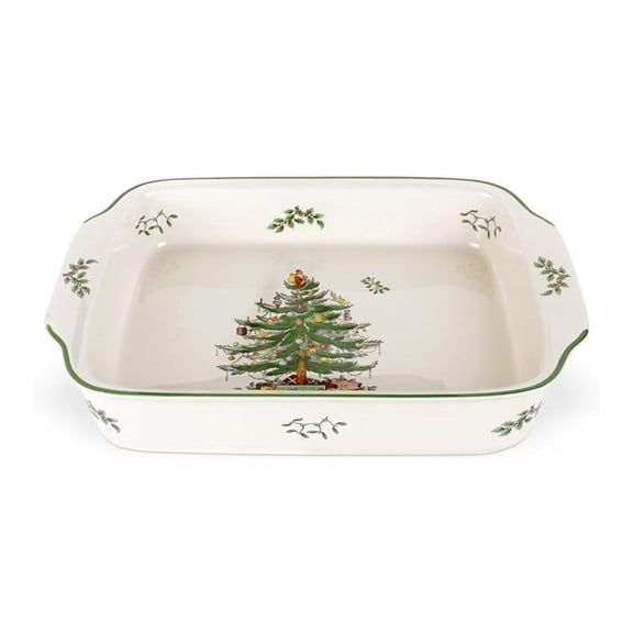 Christmas Tree Rectangular Handled Dish (9" x 12") Baking & Seasonal Platters - Earthenware, Microwave & Dishwasher Safe - Festive Tableware for Holiday Entertaining & Christmas Dining