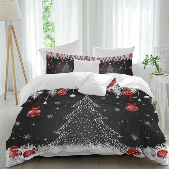 Christmas Tree Red Ball Duvet Cover Set Twin Size, White Pine Branch Winter Snowflakes Black 4 Piece Soft Microfiber Bedding Set with 1 Duvet Cover, 1 Flat Sheet, 2 Pillowcases