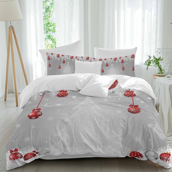 Christmas Tree Red Ball Duvet Cover Set Twin Size, White Pine Branch Winter Snowflakes Gray 4 Piece Soft Microfiber Bedding Set with 1 Duvet Cover, 1 Flat Sheet, 2 Pillowcases