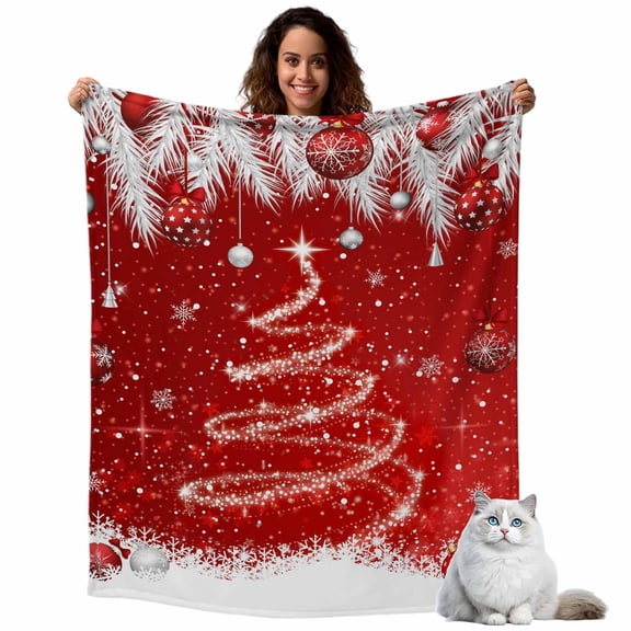 Christmas Tree Red Ball Fleece Throw Blanket Lightweight White Pine Branch Winter Snowflake Fuzzy Flannel Throws Super Soft Cozy Flannel Blanket for Couch, Sofa, Bed, Travel 50"x60"
