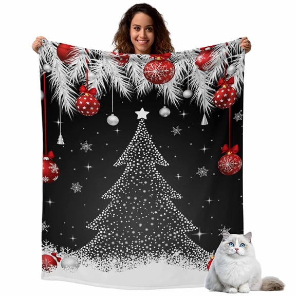 Christmas Tree Red Ball Fleece Throw Blanket Lightweight White Pine Branch Winter Snowflakes Black Fuzzy Flannel Throws Super Soft Cozy Flannel Blanket for Couch, Sofa, Bed, Travel 60"x80"