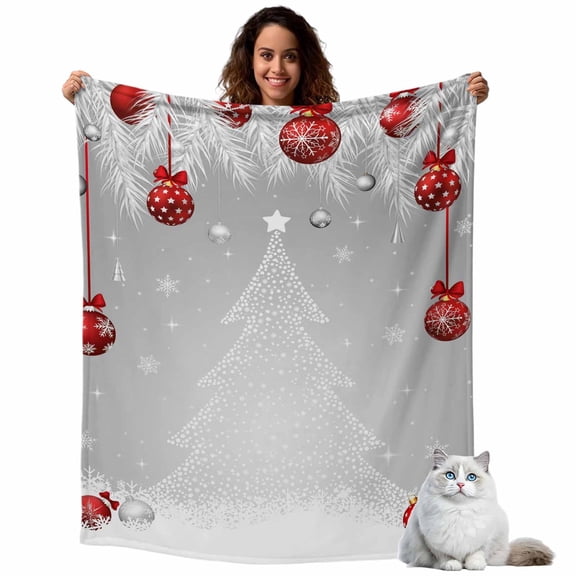 Christmas Tree Red Ball Fleece Throw Blanket Lightweight White Pine Branch Winter Snowflakes Gray Fuzzy Flannel Throws Super Soft Cozy Flannel Blanket for Couch, Sofa, Bed, Travel 60"x80"