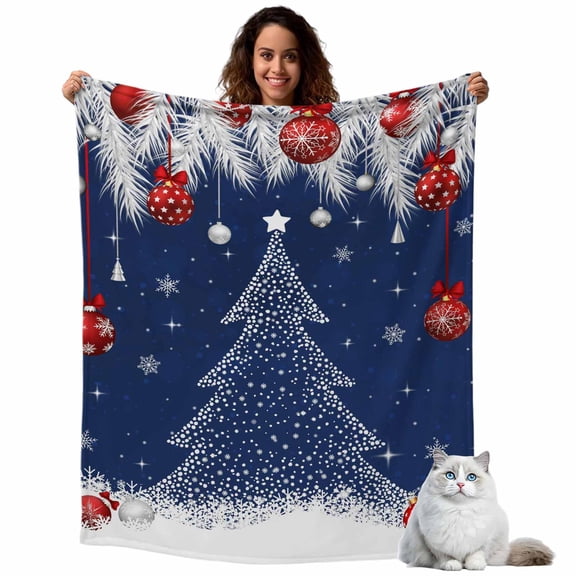 Christmas Tree Red Ball Fleece Throw Blanket Lightweight White Pine Branch Winter Snowflakes Navy Fuzzy Flannel Throws Super Soft Cozy Flannel Blanket for Couch, Sofa, Bed, Travel 50"x80"