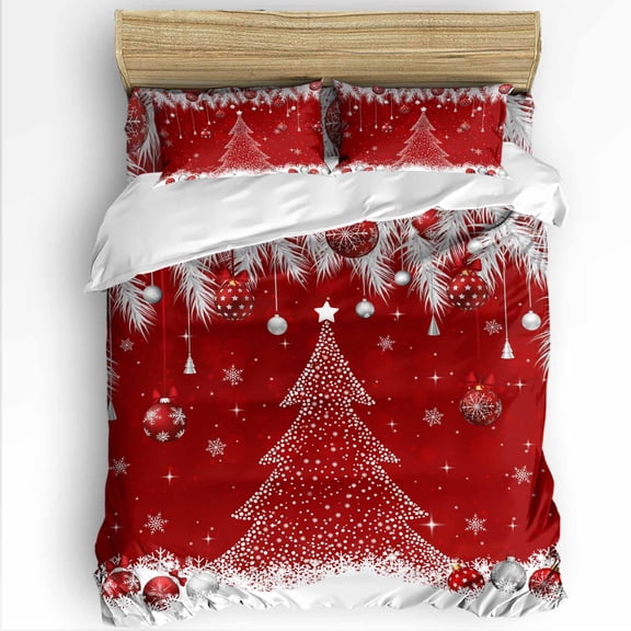 Christmas Tree Red Ball Full Size Comforter Set, White Pine Branch Winter Snowflakes Soft Bedding for All Seasons, 4 Pcs Bed Set with 1Comforter (86"x86") ,1 Sheet(80"x116"), 2 Pillowcases (19"x29")