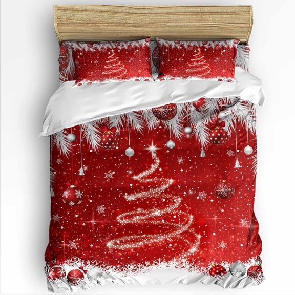 Christmas Tree Red Ball King Size Comforter Set, White Pine Branch Winter Snowflake Soft Bedding for All Seasons, 4 Pcs Bed Set with 1Comforter (90"x106") ,1 Sheet(94"x116"), 2 Pillowcases (19"x35")