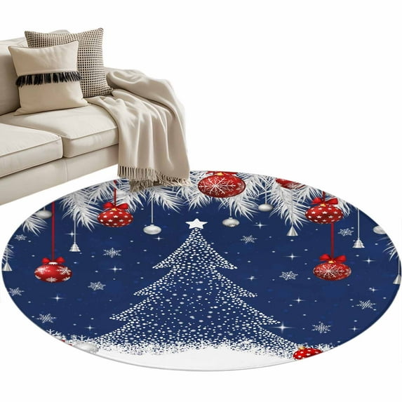 Christmas Tree Red Ball Round Area Rug 3ft White Pine Branch Winter ...