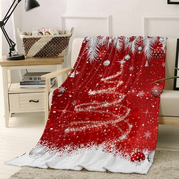 Christmas Tree Red Ball Throw Flannel Blanket 30x40In White Pine Branch Winter Snowflake Super Soft Cozy Bed Blanket, Lightweight Plush Fuzzy Bed Throw for Bedroom Sofa Couch Living Room
