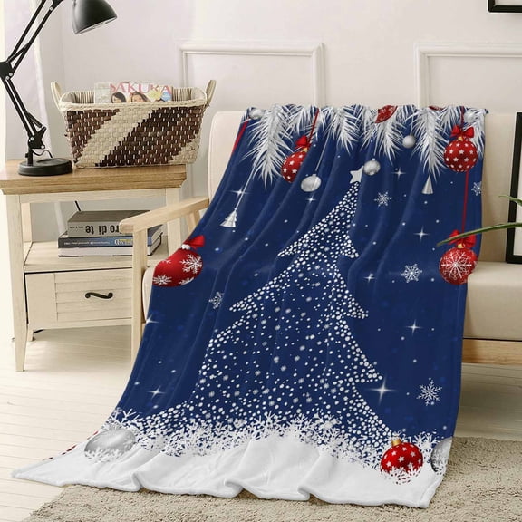 Christmas Tree Red Ball Throw Flannel Blanket 40x50In White Pine Branch Winter Snowflakes Navy Super Soft Cozy Bed Blanket, Lightweight Plush Fuzzy Bed Throw for Bedroom Sofa Couch Living Room