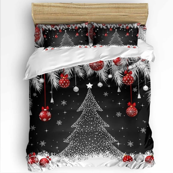Christmas Tree Red Ball Twin Size Comforter Set, White Pine Branch Winter Snowflakes Black Bedding for All Seasons, 4 Pcs Bed Set with 1 Comforter (68"x86") ,1Sheet(66"x116"), 2 Pillowcases (19"x29")