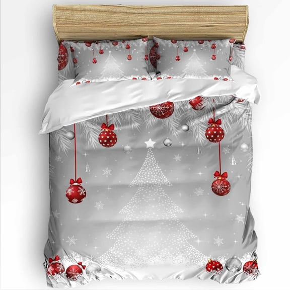 Christmas Tree Red Ball Twin Size Comforter Set, White Pine Branch Winter Snowflakes Gray Bedding for All Seasons, 4 Pcs Bed Set with 1 Comforter (68"x86") ,1Sheet(66"x116"), 2 Pillowcases (19"x29")