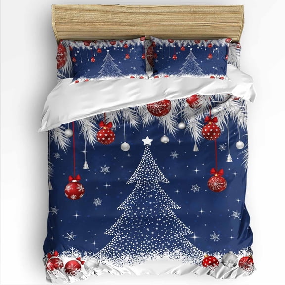 Christmas Tree Red Ball Twin Size Comforter Set, White Pine Branch Winter Snowflakes Navy Bedding for All Seasons, 4 Pcs Bed Set with 1 Comforter (68"x86") ,1Sheet(66"x116"), 2 Pillowcases (19"x29")