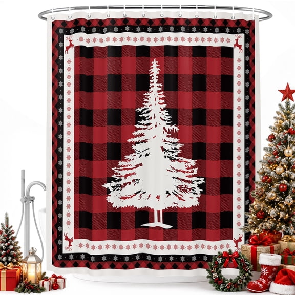 Christmas Tree Red Buffalo Grid White Shadow Shower Curtain for Bathroom, Elk Winter Snowflake Waterproof Shower Curtains Washable Quick Dry with Hooks Bathtub Curtains 36x72IN