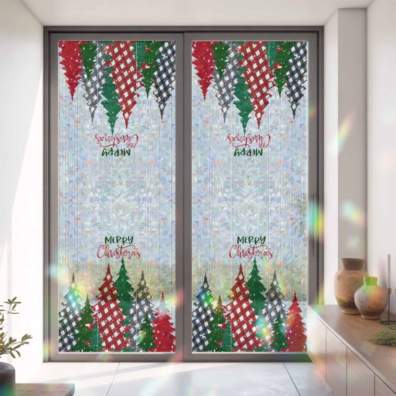 Christmas Tree Red Buffalo Lattice Window Privacy Film,Decorative Windows Static Cling Farmhouse White Wood Board Heat Control Removable Glass Sticker for Bathroom Bedroom Window Door,35.4x78.7in