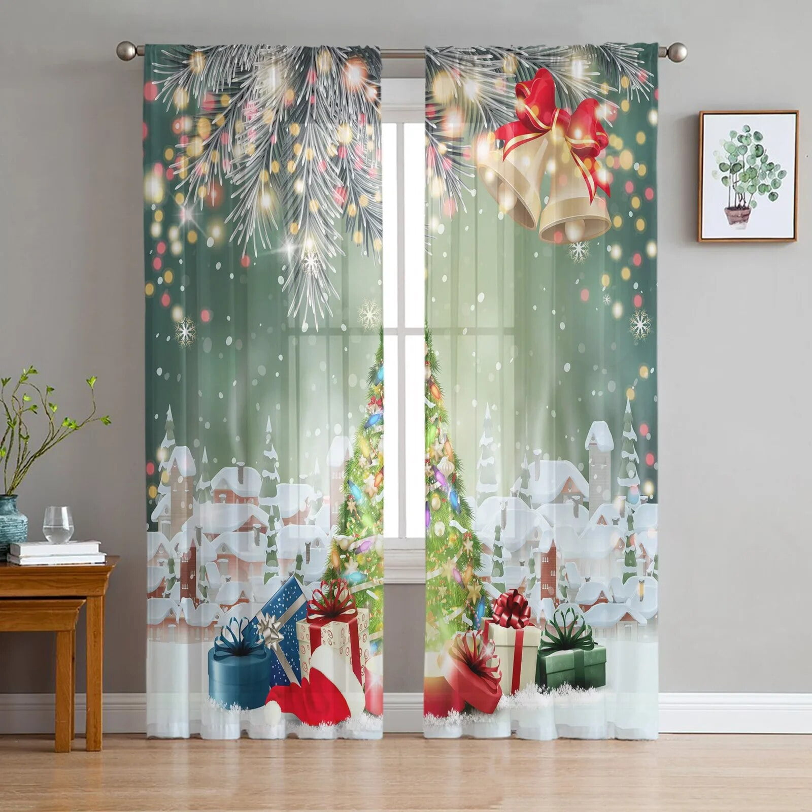 Christmas Tree Red Decoration Ball Sheer Curtains Christmas Decorations