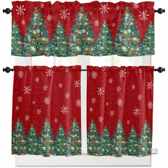 Christmas Tree Red Kitchen Curtains and Valances Set, Rod Pocket Curtains Tier Farmhouse Window Curtains 36 Inch Length, Winter Xmas Snowflake Star Ball 3 Piece Kitchen Curtains Set