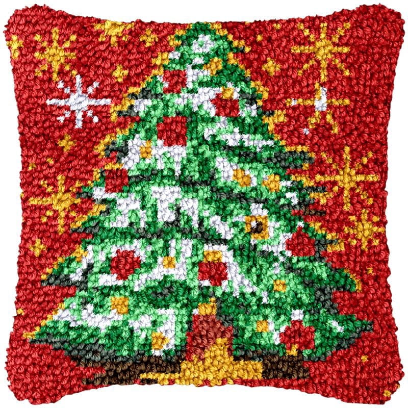 Christmas Tree Red Latch Hook Pillow Cover Kits for Needlework Cushion Throw Pillow Cross Stitch Crochet Hook Pillowcase Rug Kits Printed Canvas Crochet Yarn Kits Needlework 17'' X 17''