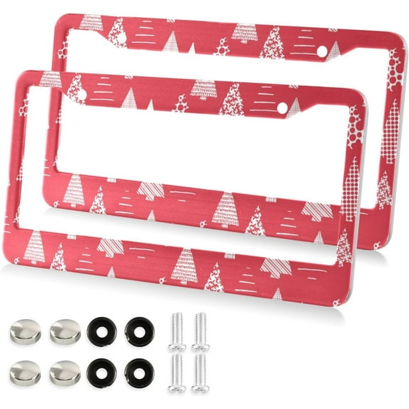 Christmas Tree Red License Plate Frame - 2 Pack Universal Stainless Steel License Plate Holder with Screws & Chrome Caps, 2 Holes Car License Plate Cover for US Vehicles Decorative