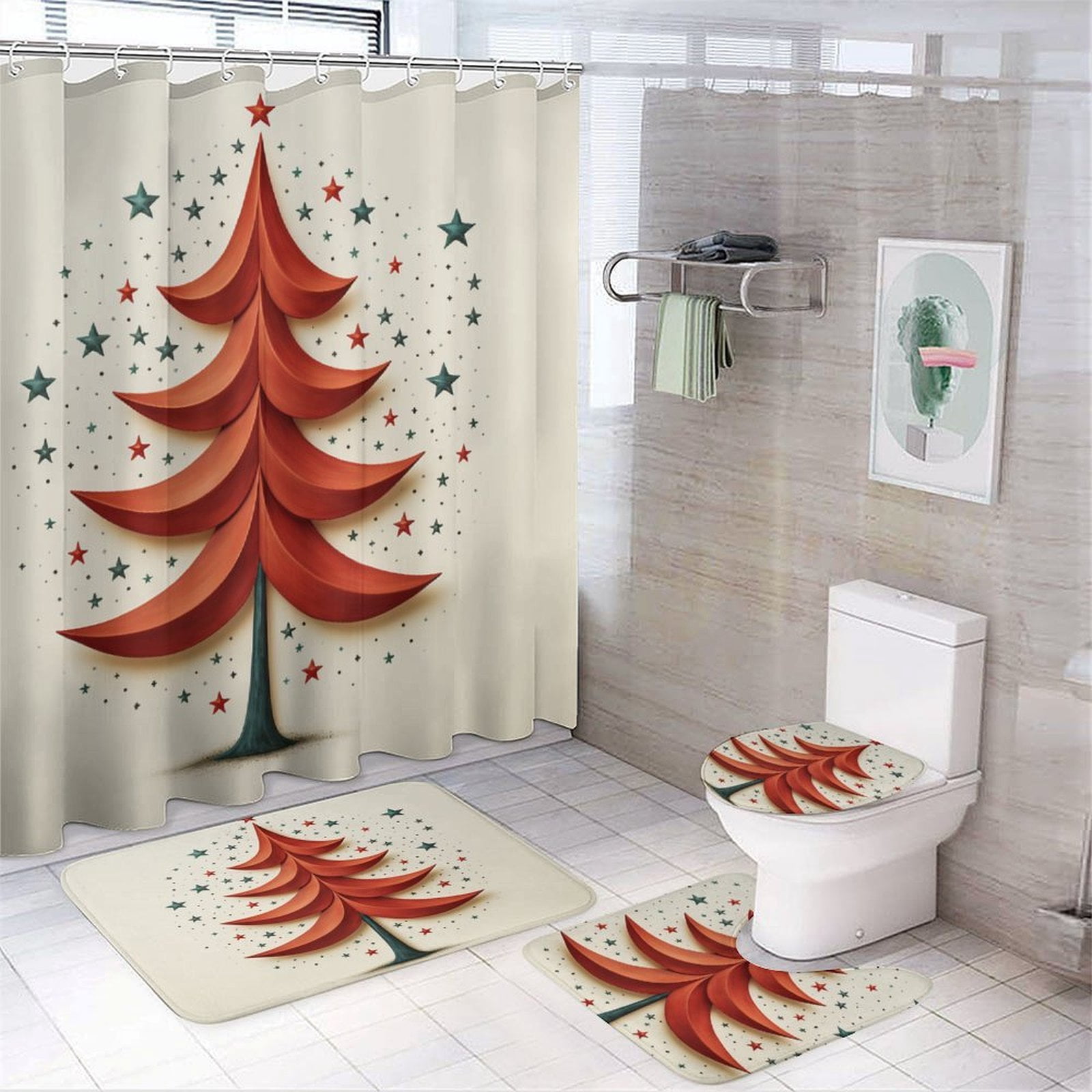 Christmas Tree Red Star Clean Simple Shower Curtain Sets 4 Piece Bath Mat U-Shaped Floor Mat Toilet Lid Oval Rug Hello Winter Waterproof Shower Curtain for Bathtub Decor