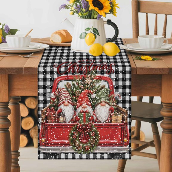 Christmas Tree in Red Truck Table Runner 36 Inches Long, Black White Plaid Table Runners Tabletop Scarf Kitchen Dining Tables Decoration for Home Party Indoor Outdoor