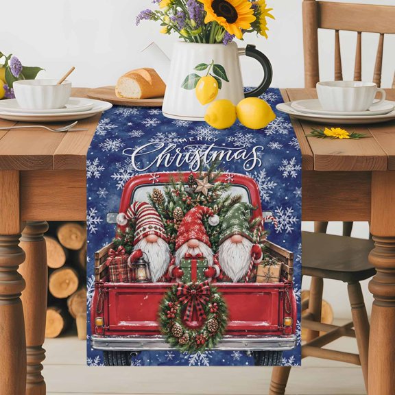 Christmas Tree in Red Truck Table Runner 36 Inches Long, Cute Gnomes Winter Snowflakes Table Runners Tabletop Scarf Kitchen Dining Tables Decoration for Home Party Indoor Outdoor