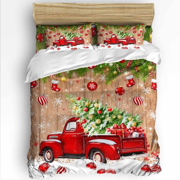 Christmas Tree Red Truck Twin Size Comforter Set, Snowflake Xmas Ball Winter Farm Soft Bedding for All Seasons, 4 Pcs Bed Set with 1 Comforter (68"x86") ,1Sheet(66"x116"), 2 Pillowcases (19"x29")