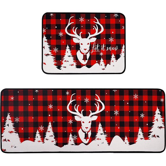 Christmas Tree Reindeer Kitchen Rug Set,Buffalo Plaid Snowflake Xmas Winter Holiday Runner Rugs with Rubber Backing,Let It Snow Decor for Home Kitchen,Throw Rugs Washable for Kitchen Sink,Red