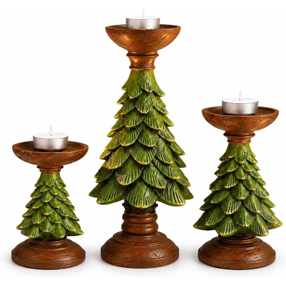 Christmas Tree Resin Tealight Candle Holder, Vintage Distressed Tabletop Candlestick, Xmas Decorative Centerpiece for Mantel Dining Table Home Holiday Party Decor