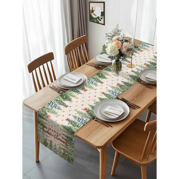 Christmas Tree on Retro Linen Table Runner 90 Inches Long, Winter Pine Trees Colorful Polka Dot Table Runners Tabletop Scarf Kitchen Dining Tables Decoration for Home Party Indoor Outdoor