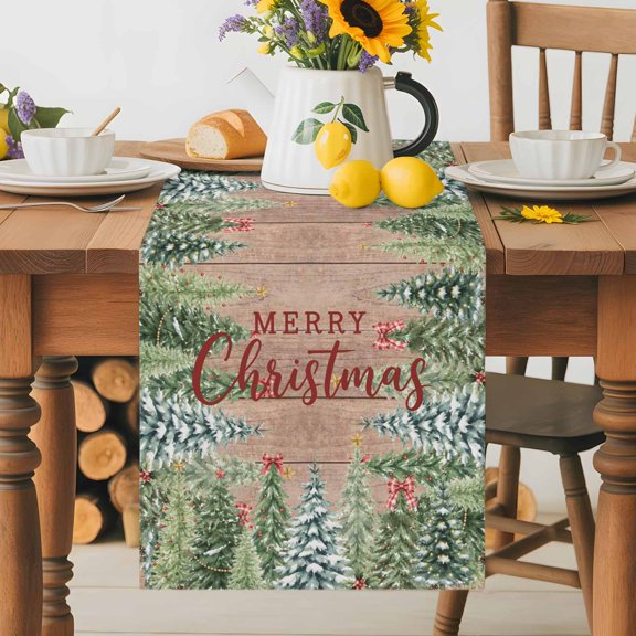 Christmas Tree Retro Wood Plank Table Runner 36 Inches Long, Winter Pine Trees Table Runners Tabletop Scarf Kitchen Dining Tables Decoration for Home Party Indoor Outdoor