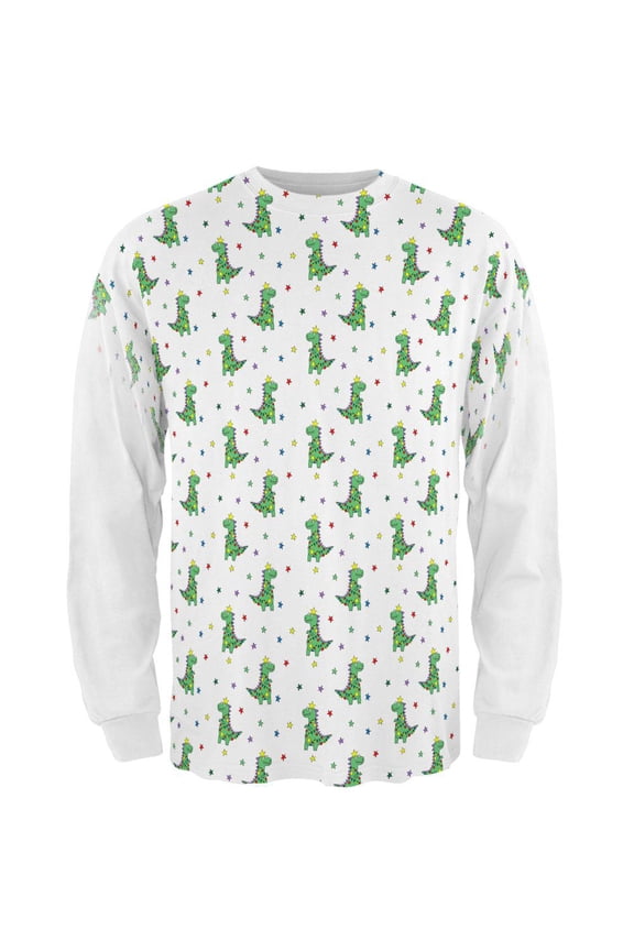 Christmas Tree Rex T-Rex Dinosaur Pattern All Over Mens Long Sleeve T Shirt Multi SM