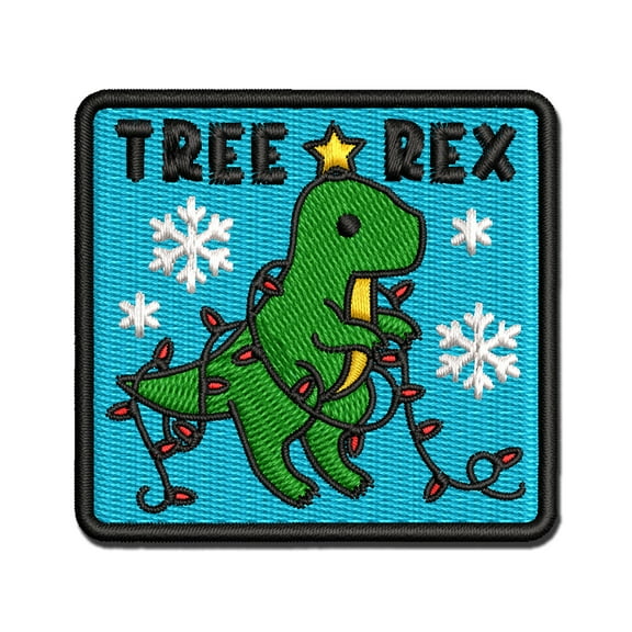 Christmas Tree Rex T-Rex Tyrannosaurus Dinosaur Pun Applique Multi-Color Embroidered Iron-On Patch - 3 Inch Medium