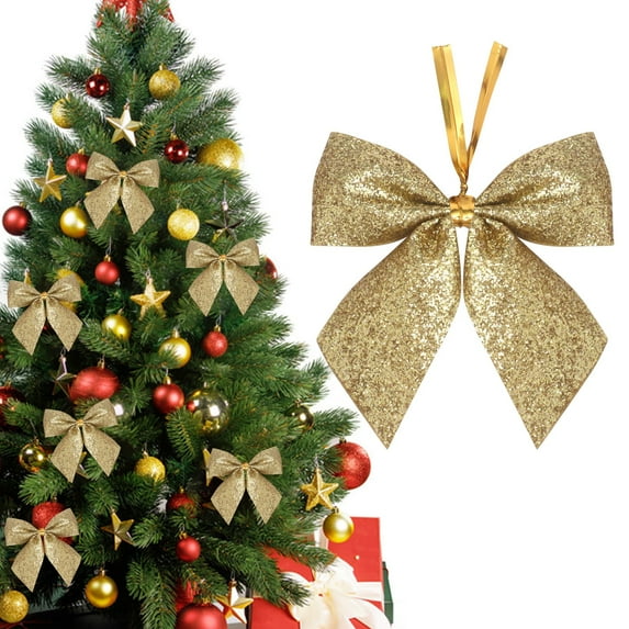 Christmas Tree Ribbon Bows, Hanging Bow Ornaments, Gold Holiday Décor, Gift Wrap Accent, Wreath & Table Decorations