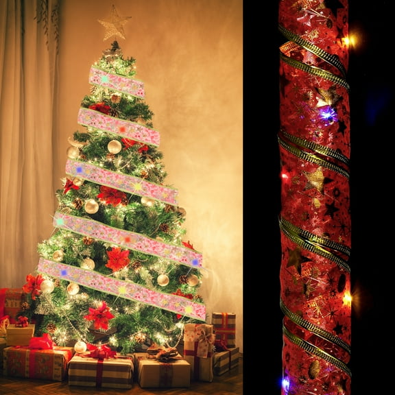 Christmas Tree Ribbon Light, 16.4Ft 50 LEDs Ribbon Bows Lights, Battery Powered Christmas Tree Decorations String Light for Party Weddings Christmas Tree (Red, Multicolor Light)