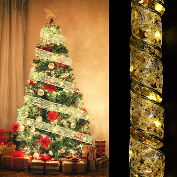 Christmas Tree Ribbon Light, 3.28Ft 10 LEDs Ribbon Bows Lights, Battery Powered Christmas Tree Decorations String Light for Party Weddings Christmas Tree (Gold, Warm Light)