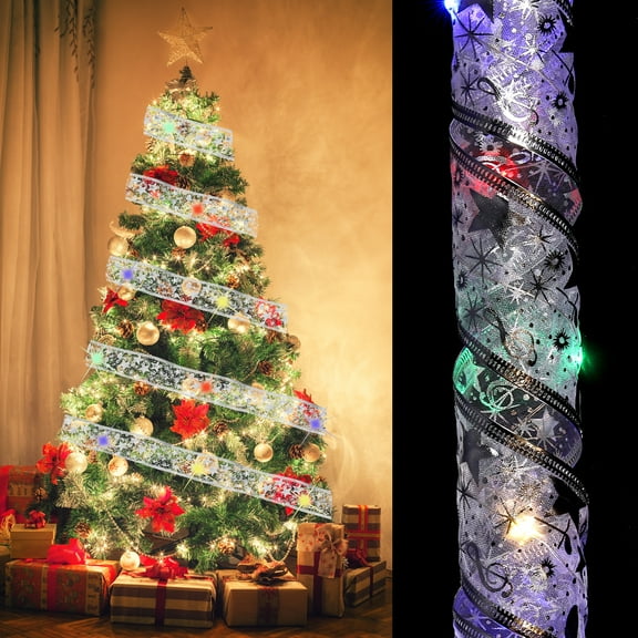 Christmas Tree Ribbon Light, 3.28Ft 10 LEDs Ribbon Bows Lights, Battery Powered Christmas Tree Decorations String Light for Party Weddings Christmas Tree (Silver, Multicolor Light)