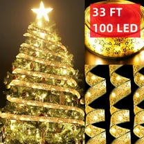 Christmas Tree Ribbon Lights String,  Tgnazet Gold 33 FT 100 LED Fairy Lights Copper Wire Ribbon Bows Lights for Xmas Tree Holiday Wedding Party Decoration, Gold Ribbon, Warm White Light