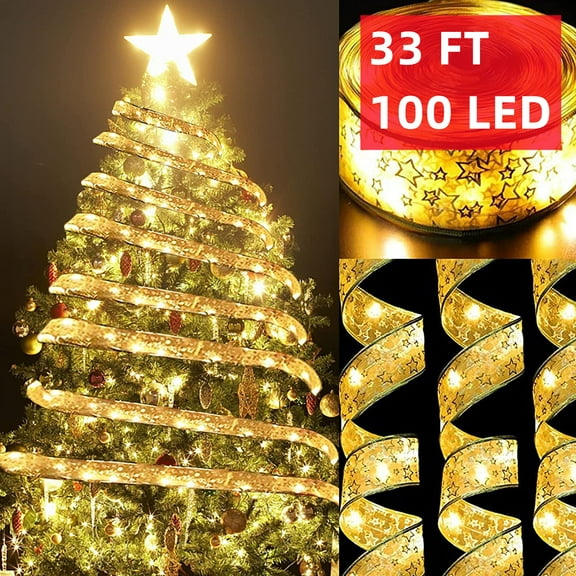 Christmas Tree Ribbon Lights String,  Tgnazet Gold 33 FT 100 LED Fairy Lights Copper Wire Ribbon Bows Lights for Xmas Tree Holiday Wedding Party Decoration, Gold Ribbon, Warm White Light