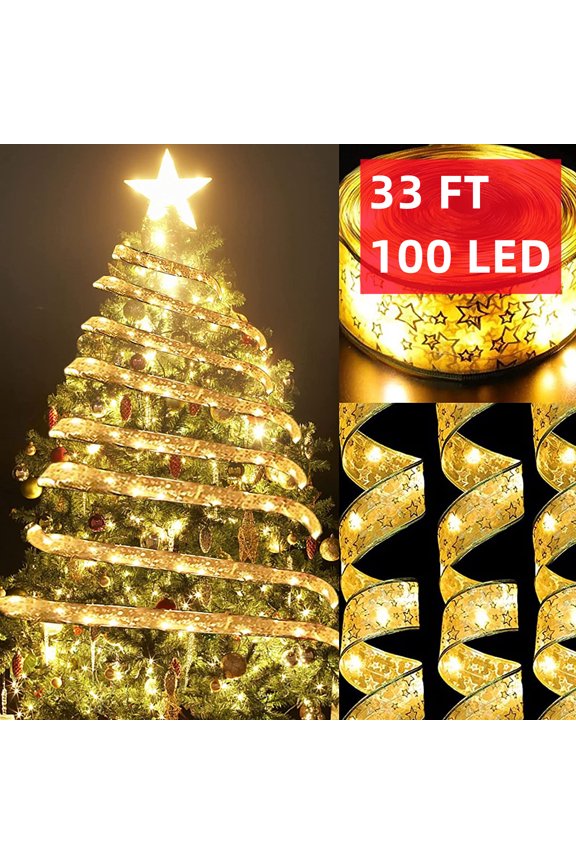Christmas Tree Ribbon Lights String,  Tgnazet Gold 33 FT 100 LED Fairy Lights Copper Wire Ribbon Bows Lights for Xmas Tree Holiday Wedding Party Decoration, Gold Ribbon, Warm White Light