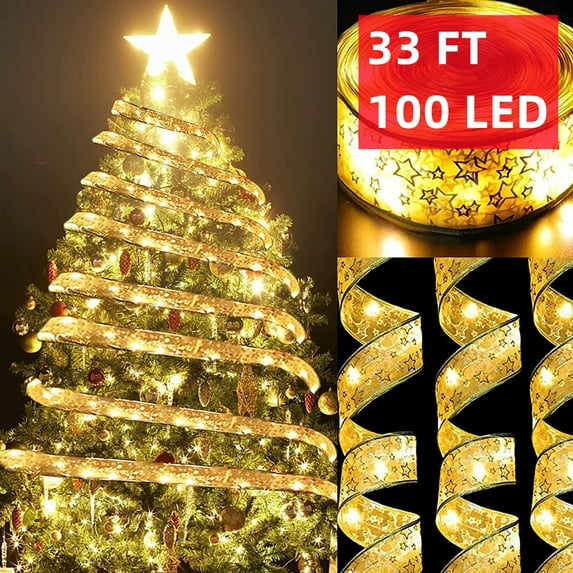 Christmas Tree Ribbon Lights String, Tgnazet Gold 33 FT 100 LED Fairy Lights Copper Wire Ribbon Bows Lights for Xmas Tree Holiday Wedding Party Decoration, Gold Ribbon, Warm White Light