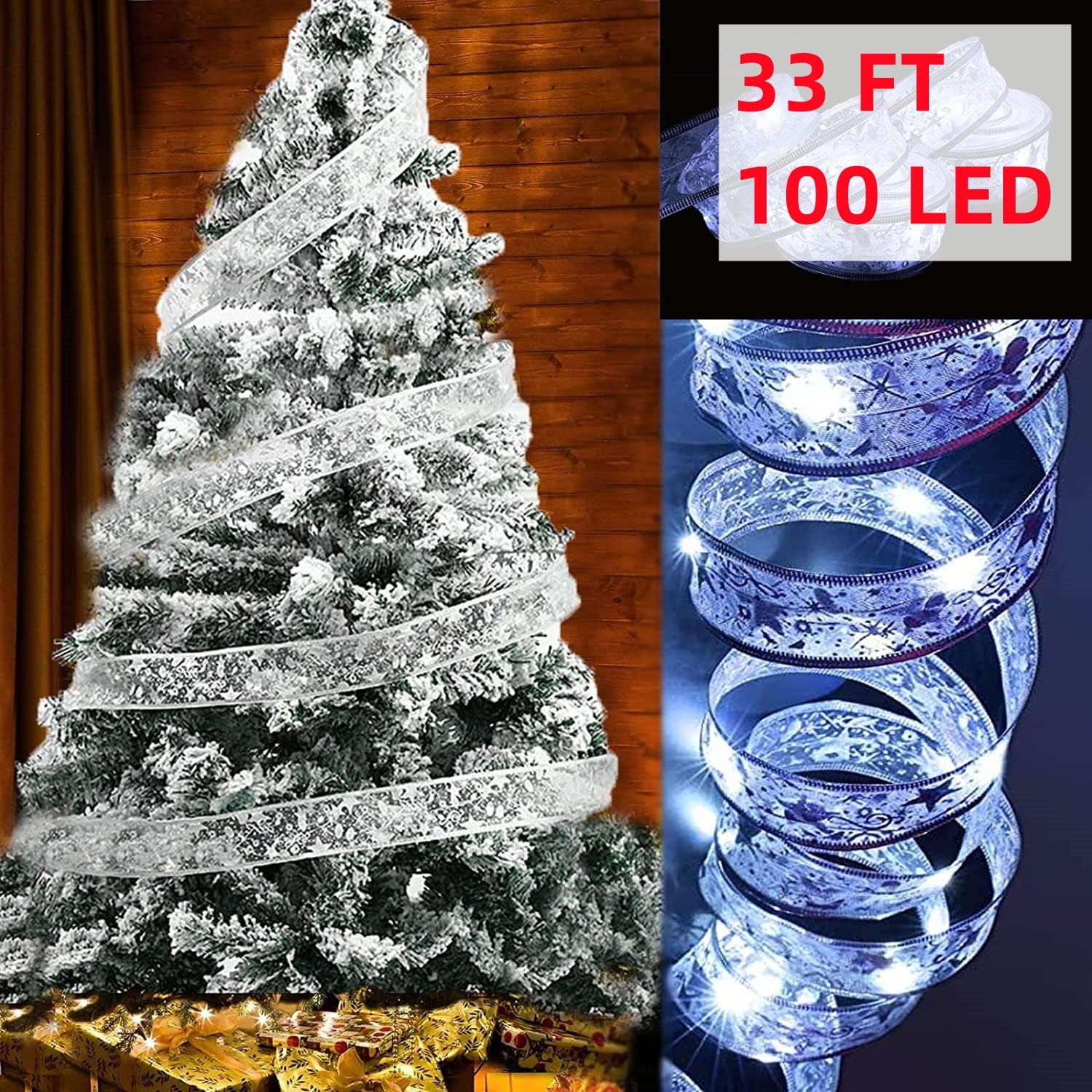 Christmas Tree Ribbon Lights String, Tgnazet Silver 33 FT 100 LED Fairy